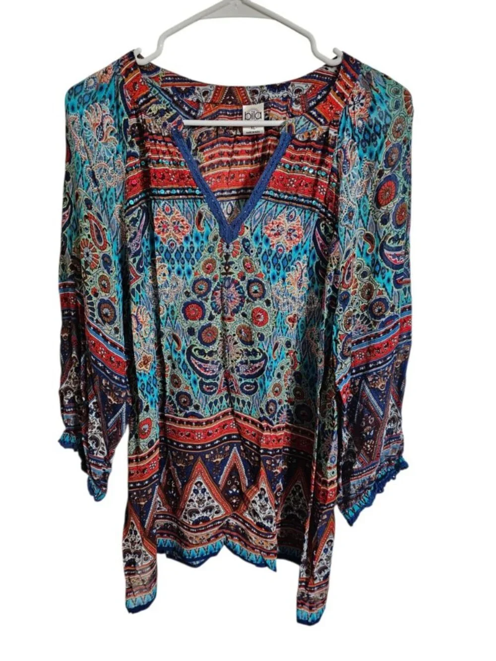 Bila Women XL Tunic Blue Multi Paisley Festival Boho Archival Rare Statement HTF - Picture 2 of 7